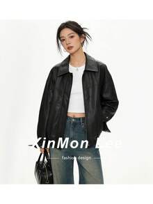 Premium Fashion Versatile Leather Jacket, Solid Color Zipper Leather Coat, College Style, Vacation, Daily Wear, Spring/Autumn - Black - View 1