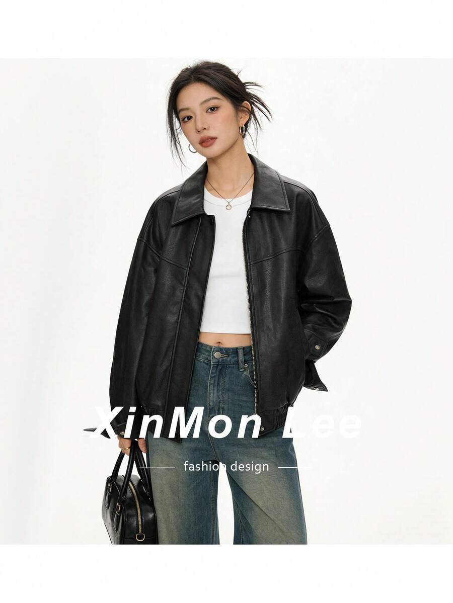 Premium Fashion Versatile Leather Jacket, Solid Color Zipper Leather Coat, College Style, Vacation, Daily Wear, Spring/Autumn - Black - View 1