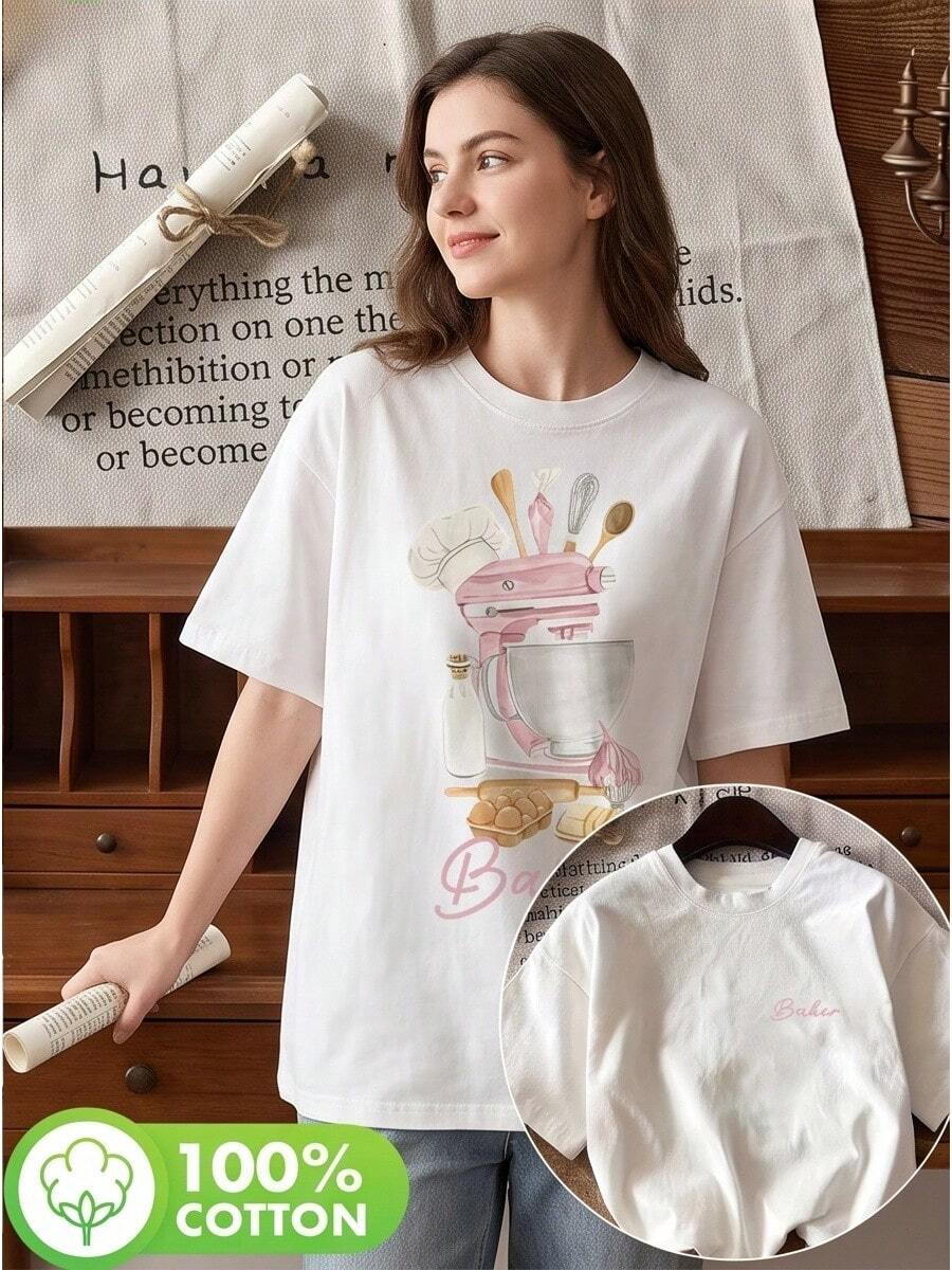Graphic Print Short Sleeve Crew Neck Tee For Ladies, Versatile Spring Summer Casual Outfit - 白色 - 查看 1
