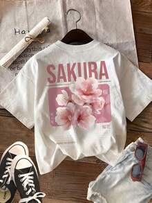 Japanese Pink Sakura Cherry Blossom Graphic Cotton Tee For Ladies, Crew Neck Short Sleeve Light All-Match Summer Daily Outfit - 白色 - 查看 4