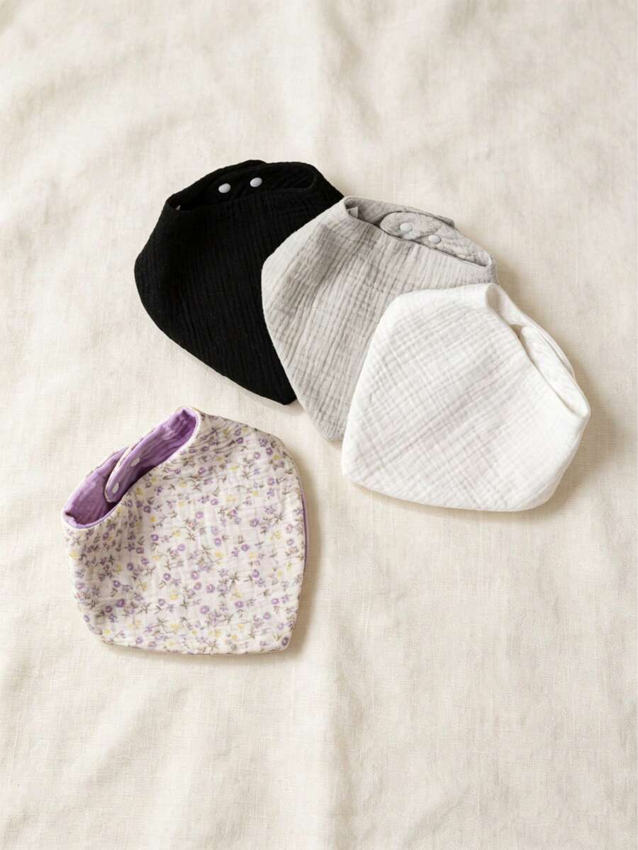 4pcs Baby Bibs, Drool Bibs, Crinkle Fabric, Soft Skin-Friendly Breathable, Suitable For Newborns, Solid Color, Unisex - Multicolor - View 1