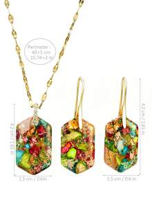 Bohemian Style Royal Stone Hexagon Pendant Jewelry Set, Exquisite Multicolor Mosaic Stone Gold Necklace & Earrings, Vintage Women's Gift Jewelry - Colorful - View 6