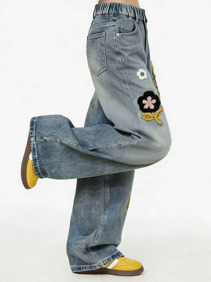 New Tween Girl Girls Towel Embroidery Straight Leg Denim Jeans, Casual Versatile Spring Autumn Jeans For Big Girls - Medium Wash - View 1