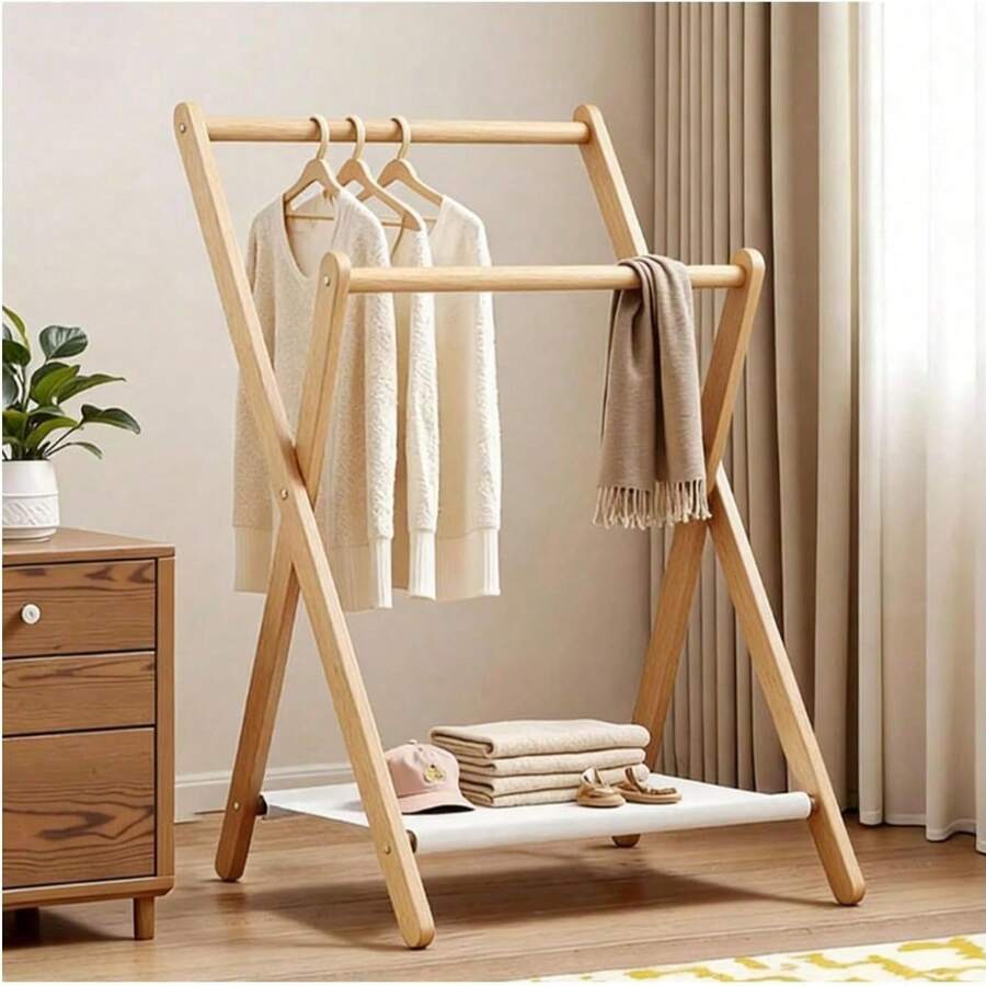 1 pieza Perchero vertical plegable de bambú compacto, se puede usar como toallero, perchero multifuncional, estantería de almacenamiento, estantería de armario independiente, solución de almacenamiento multifuncional para dormitorio y sala de estar, diseño sin rebabas que protege la ropa, también se puede usar como estantería de zapatos simple y estantería de almacenamiento - Multicolor - Ver 1