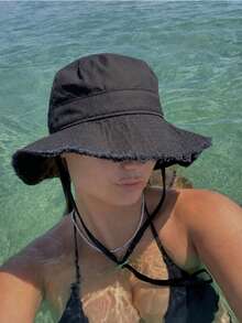 1pc Women's Wide Brim Bucket Hat, Polyester Material, Sun Protection & Windproof, Suitable For Beach Vacation & Outdoor, Frayed Edge Design, With Adjustable Chin Strap - Multicolor - View 6