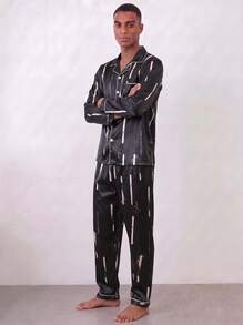Snug League 男士緞面睡衣兩件套，包含長褲和長袖紐扣上衣，舒適柔軟，適合春季和秋季穿著。 - 黑色 - 查看 9