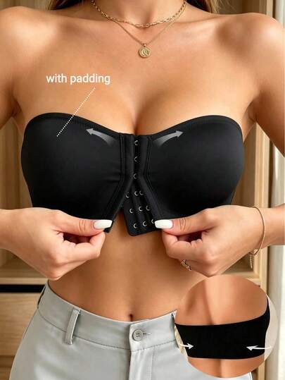 Women's Strapless Non-Wired Push-Up Bandeau Bra, Anti-Slip Back Closure Comfortable Casual Everyday Wear Bra