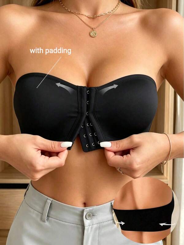 Women's Strapless Non-Wired Push-Up Bandeau Bra, Anti-Slip Back Closure Comfortable Casual Everyday Wear Bra