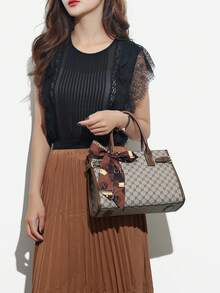 Multi-Color Plaid PU Handbag Crossbody Zipper Bag, Fashionable Versatile Large Capacity Elegant Middle-Aged Women's Bag 3 Pieces Set For Daily Outings - Grey - View 2