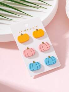3 Pairs/Set Halloween Colorful Pumpkin Lacquer Texture Design Women's Fashion Stud Earrings Set, Perfect Gift For Holiday Party - Blue - View 3