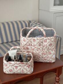 1pc Set French Vine Storage Basket Vintage Blue White Floral Quilted Handheld Portable Cosmetic Sundries Desktop Organizer Container Box Home Decor Craft Gift - View 28