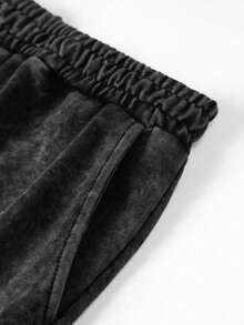 AnChiStreetwear--Men's Plus Size Fashion Japanese Style Samurai Cat Graphic Print Streetwear Washed Distressed Black Vintage Elastic Drawstring Shorts, Suitable For Street, Outdoor, Dating, Sports, Fitness, Daily Wear - Black - View 5