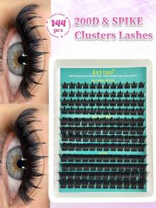 Asiteo 144pcs D Curl Single Cluster False Eyelashes, 200D & Pointed Style, Thick Voluminous Soft Fluffy, Suitable For Home DIY Makeup, Travel, Gifting And Party - D - View 1