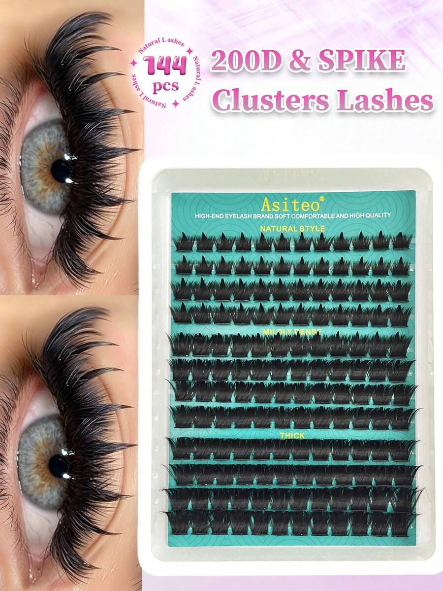 Asiteo 144pcs D Curl Single Cluster False Eyelashes, 200D & Pointed Style, Thick Voluminous Soft Fluffy, Suitable For Home DIY Makeup, Travel, Gifting And Party - D - View 1