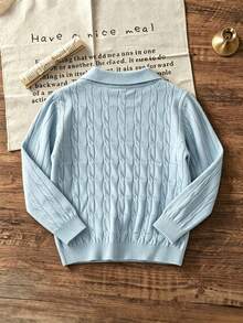 Boys 8-14Y Fall Winter Cable Knit Polo Sweater, Long Sleeve Button Collar Pullover, Loose Warm Basic Casual Knit Top For Daily Wear - Baby Blue - View 4