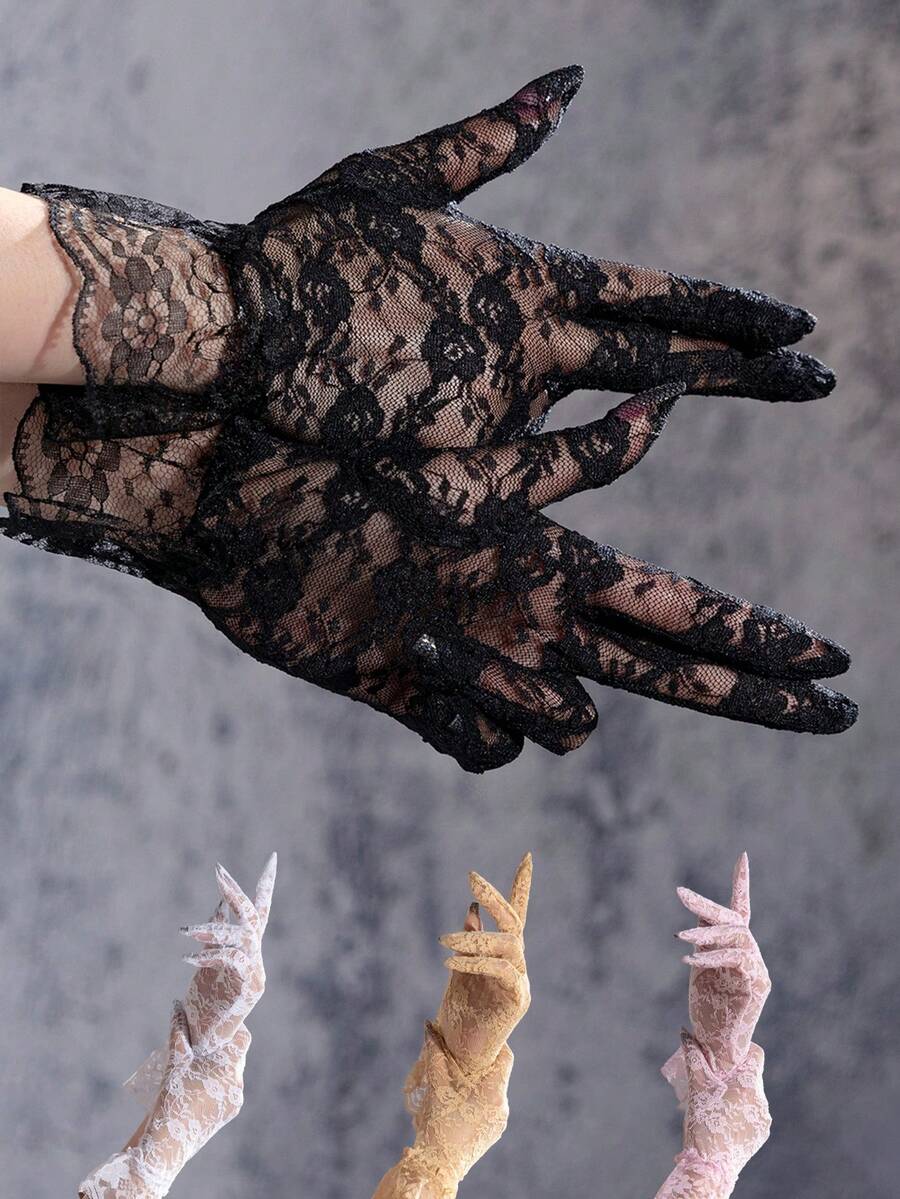 1 Paar neue Damen sexy Mode dunkler Stil Partykleid Rosen Spitze Handschuhe - Verschiedenfarbig - Übersicht 1
