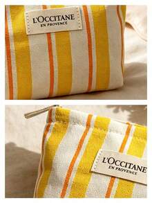 L'Occitane Yellow-Orange Vertical Striped Canvas Makeup Bag, Portable Travel Cosmetic Storage Bag, Daily Use, Vacation, Birthday, Holiday Gift LOCCITANE-GIFT-25 - Yellow + White - View 4