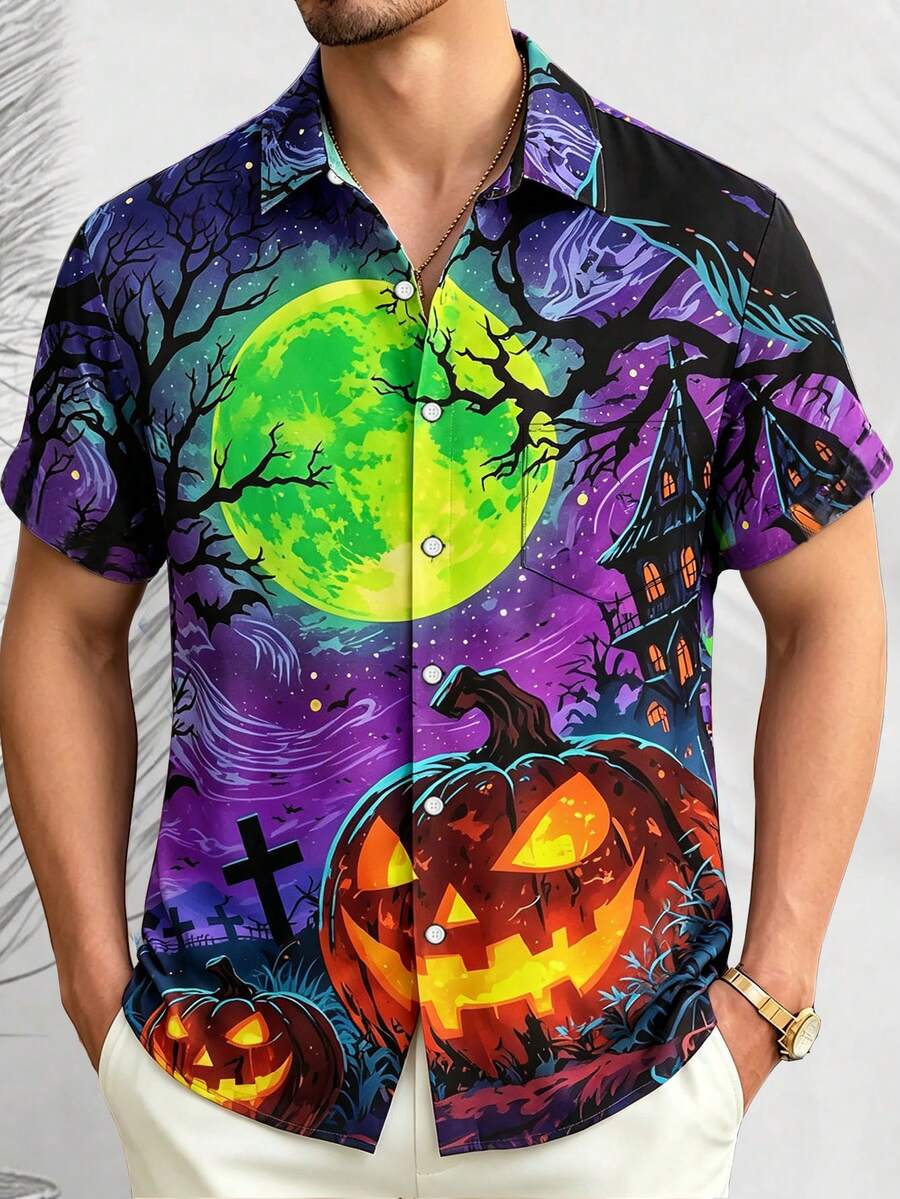 Halloween Pumpkin Cross Print Men's Plus Size Button-Up Short Sleeve Shirt - Purple - View 1