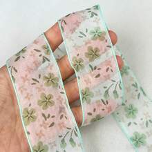 2碼透明雪紡花卉印花紋理緞帶，婚禮花束裝飾緞帶，適用於手工花束、禮物包裝、派對裝飾、花藝設計、手工DIY蝴蝶結禮物緞帶，觸感滑順，活動裝飾 - 1件 綠色 - 查看 2