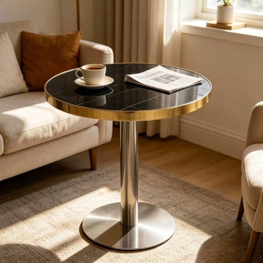 Modern Round Side Table With A Gold Stainless Steel Frame And Marble-Look Top For The Living Room, Luxury Side Table With A Sturdy Base. - 黑色+中密度纖維板 - 查看 1