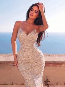Women's Shiny Sequin Mermaid Evening Gown, Strapless Fitted Waist Long Dress, Suitable For Prom And Formal Occasions - Apricot - View 3