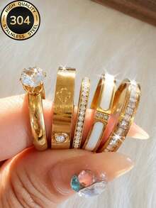 5pcs 18k Gold Plated 2026 New Women's Elegant Versatile Fashion Niche Stainless Steel Ring Set, Suitable For Wedding, Engagement, Promise, Bridal, Anniversary Rings And Other Occasions, Exquisite Gift For Mother's Day, Valentine's Day, Christmas - 5-piece Set 6 - View 2