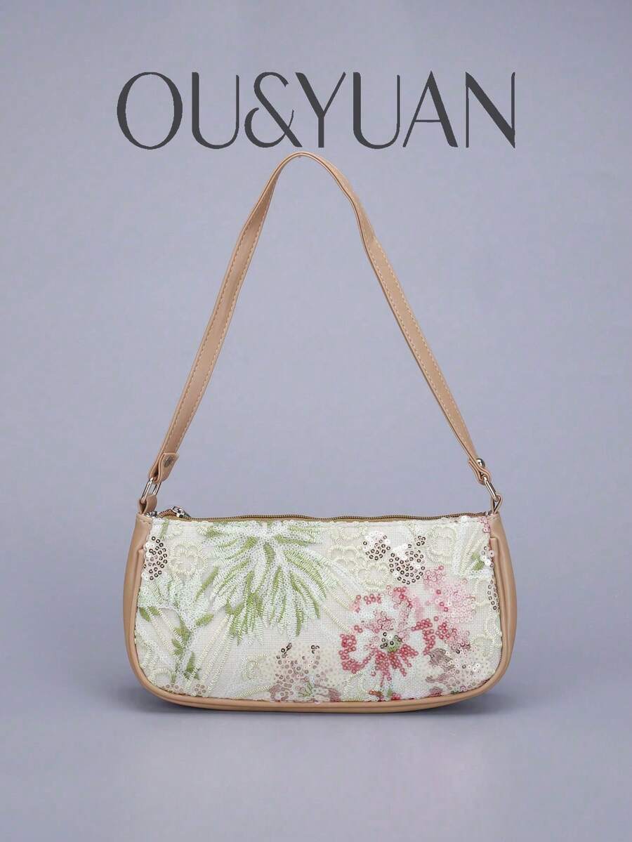 亮片刺繡花卉法棍包，女款時尚百搭串珠縫製腋下包，拼色刺繡拉鍊單肩包，隨機剪裁，適合女性，適用於派對、婚禮、舞會，完美搭配度假派對洋裝、晚禮服與亮片洋裝（隨機花色）