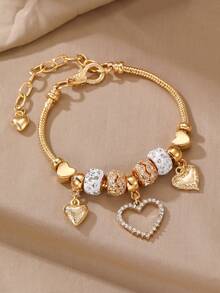 1 pieza Pulsera de niña con corazón dorado y cuentas de strass para decoración diaria - Multicolor - Ver 6