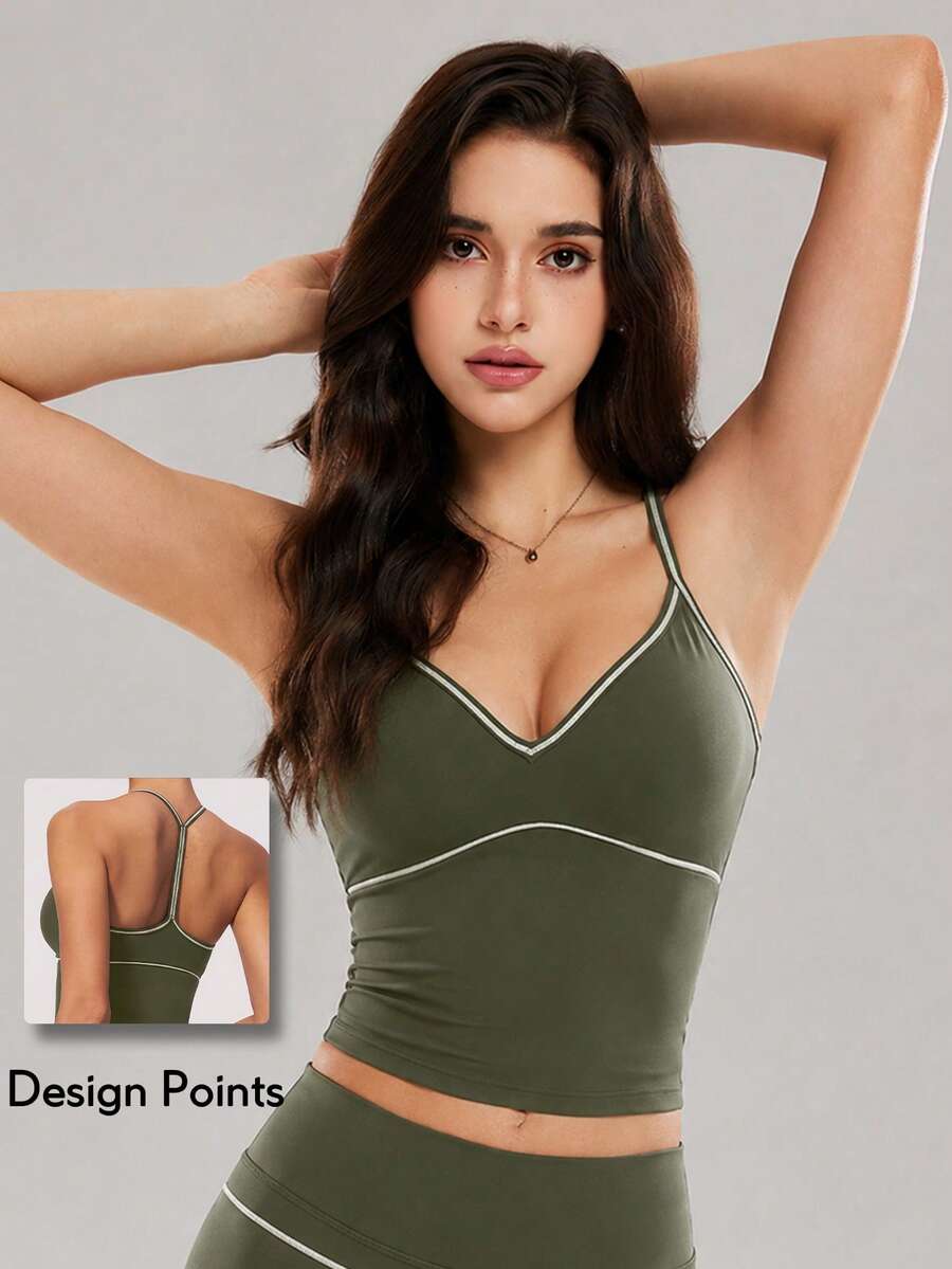 KyrLssu Débardeur de sport pour femme à col V, dos T, blocs de couleurs avec surpiqûres, bordé, long, style brassière de yoga - Vert - Voir 1