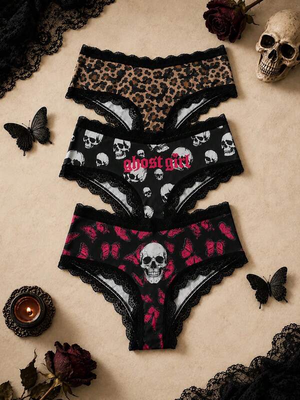 3Pcs Goth Leopard Skull Pink Butterfly Print Lace Trim Women Briefs, Ghost Girl Y2K Mid Waist Underwear Set