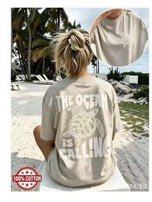 Double-Sided Print Women's Vintage Loose Tee, Turtle & Waves Graphic "The Ocean Is Calling" Text, Drop Shoulder Oversized 100% Cotton Best Seller - 杏色 - 查看 6