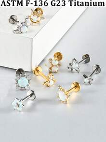 1PC Titanium Alloy CZ&Synthetic Opal Cross Cluster Flower Lip Labret Stud Flat Back Internal Threaded Piercing Ear Cartilage Tragus Rook Lobe Earring - As Shown - View 8