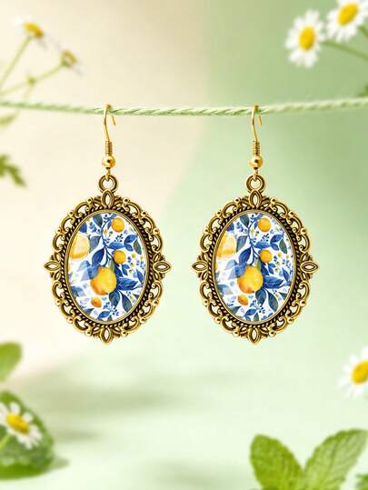 1 Pair Cool Summer Lemon Pattern With Oval Hollow Lace Earrings Suitable For Women's Daily Wear