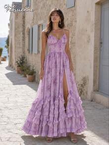 Purple Floral Chiffon V-Neck Backless Tiered A-Line Maxi Dress - 紫色 - 查看 2