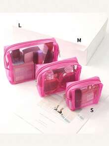 3pcs Pink Transparent Mesh Makeup Bag Set - Small Lipstick Storage Bag, Medium Portable Toiletry Bag, Convenient Makeup Organizer, Suitable For Outdoor Travel - Multicolor - View 2