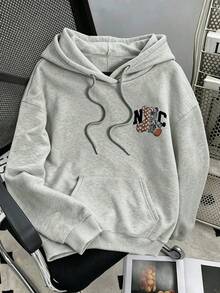 極簡印花連帽長袖寬鬆加厚女款衛衣，秋冬休閒長袖上衣 - 淺灰色 - 查看 3