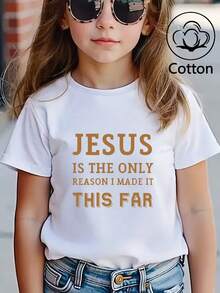 Girls' Inspirational Faith T-Shirt Featuring Gold 'Jesus Is The Only Reason I Made It This Far' Scripture Text Print - White - View 2