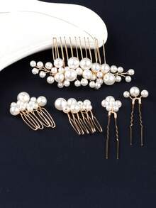 5pcs Elegant Handmade Faux Pearl U-Shaped Hair Combs And Hair Pins Headpiece, For Wedding And Bridal Decoration - Gold - View 2