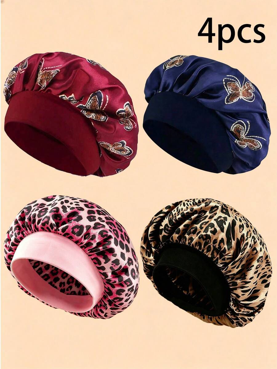 CONFLASS Butterfly Print & Leopard Silk Sleep Cap, Elastic Wide Band, Anti-Frizz Night Hair Bonnet, Suitable For Curly And Natural Hair, Back To School Dorm Essential Hair Care Accessory, Soft And Smooth Sleep Headwear, College Student Hair Care Gift - Multicolor - View 1