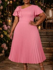 Vestido de línea A con cuello asimétrico, mangas con volantes y talla grande, adecuado para ir a trabajar, ceremonias de graduación, servicios religiosos, batas de graduación y otras ocasiones en verano - Rosa vieja - Ver 3