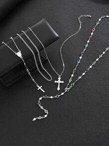 4pcs Fashion Elegant Sophisticated Personalized Exaggerated Luxury Old Money Style Colorful Rhinestone Cross Necklace Set For Men, Vacation Party Date Travel Shopping Beach Seaside Daily Wear Versatile Combination - Style 1 - View 8