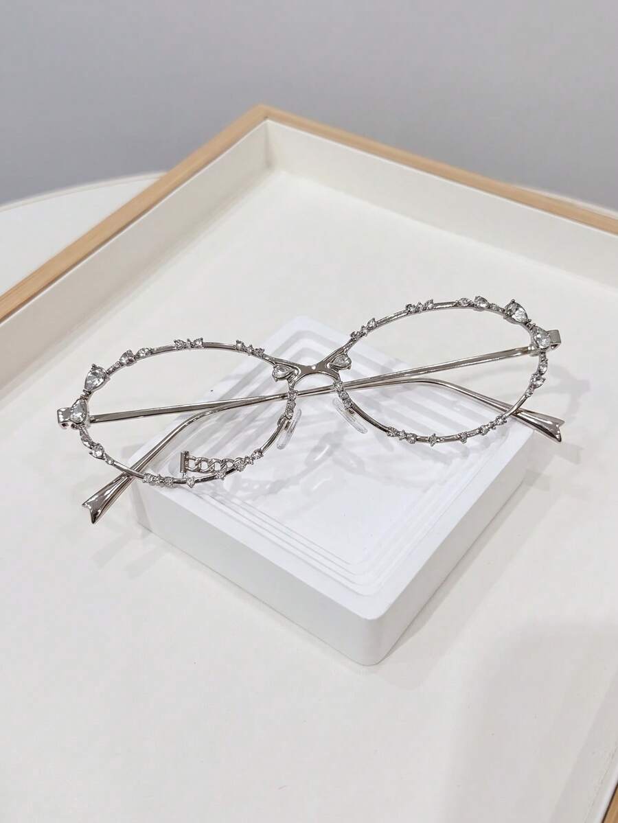 1 Pair Cat Eye Rhinestone Fashion Party Elegant Personalized Y2K Style Clear Lens Glasses Suitable For Daily Wear, Travel, Party, Office, Street Photography - Silver Frame With White Lenses - View 1