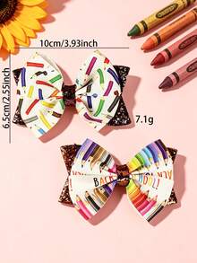 2 Stücke bunte Bleistift-Schleife Haarspangen für Kinder zum Schulanfang, Schulstil kleine Mädchen Pailletten-Schleife Haaraccessoires, vielseitige Campus-Outfit Haarspangen - Verschiedenfarbig - Übersicht 4