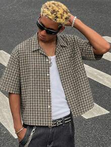 HOMIIE Men Retro Small Plaid Short Sleeve Cropped Boxy Shirt, Lapel Collar Button Down Loose Fit Casual Streetwear Top, Back To School Daily Outfit - Multicolor - View 7