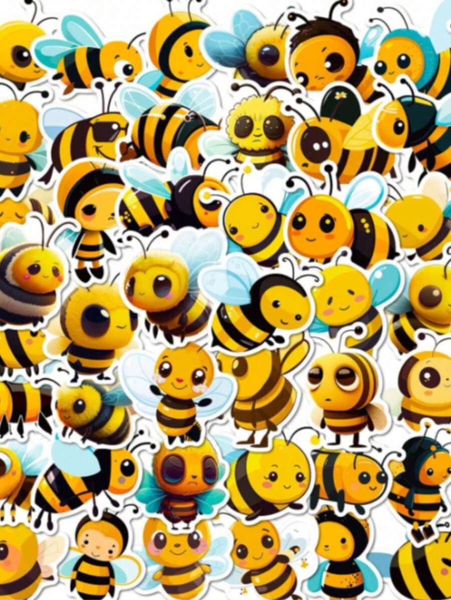 50pcs Bee Aesthetic Stickers Gift, Heart Insect Doodle Stickers, Fun Bee Observation Labels, Scrapbook Stickers, Vinyl Waterproof Stickers, Suitable For Water Bottles, Guitars, Suitcases, Phones, Phone Cases, Laptops, Skateboards, Gifts - Yellow 1 - View 1
