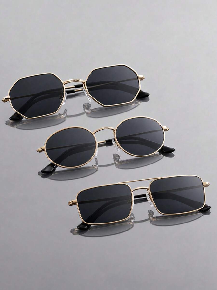 3 Pairs Fashion Small Frame Decorative Glasses Set, Metal Eyeglasses Combination, Holiday Gift - Gold - View 1