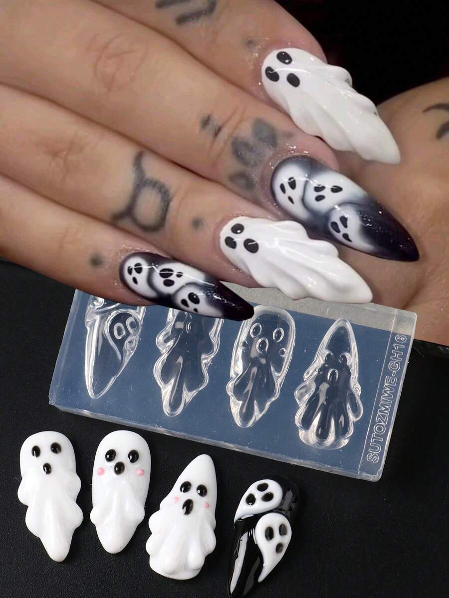 1 Peça Molde de Silicone 3D para Arte de Unhas de Halloween, Molde de Escultura com Padrão Fofo de Fantasma Branco, Adequado para Ferramenta de Decoração de Clipe de Unha - Branco - Visão 1