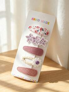 5pcs Handmade Daisy Hair Clips Set, Vintage Lace Embroidered Flower Hair Clips, Polka Dot And Plaid Print Fabric Hair Clips, Suitable For Children - Multicolor - View 8