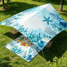 1pc Ocean Starfish Coral Print Outdoor Sunshade Canopy, Lightweight Breathable Waterproof Camping Tarp, Includes Ropes And Ground Stakes, UV Protection Windproof Sun Shelter, Suitable For Beach, Garden, Patio, Picnic, Yard - Baby Blue - View 2