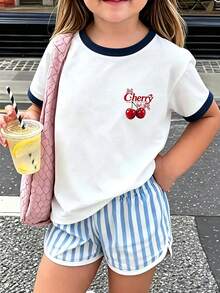 青少年女孩甜美櫻桃刺繡對比色短袖休閒T恤，適合日常穿著與度假 - 白色 - 查看 2